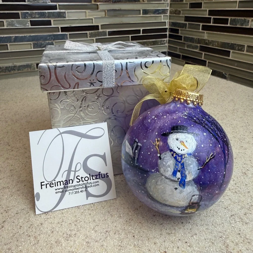 Freiman Stoltzfus Hand Painted Snowman Glass Christmas Ornament Signed 2010 Box